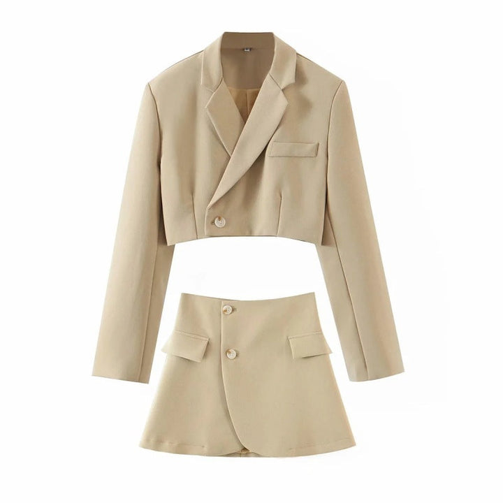 Levoire | Nouvelle veste courte décontractée à bouton en biais tendance + ensemble jupe haute à poches Khaki