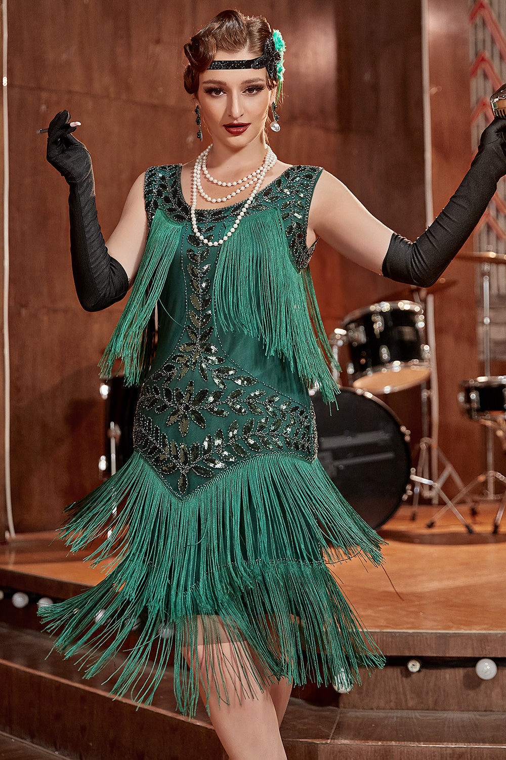 Levoire | Robe avec paillettes et franges Vert foncé