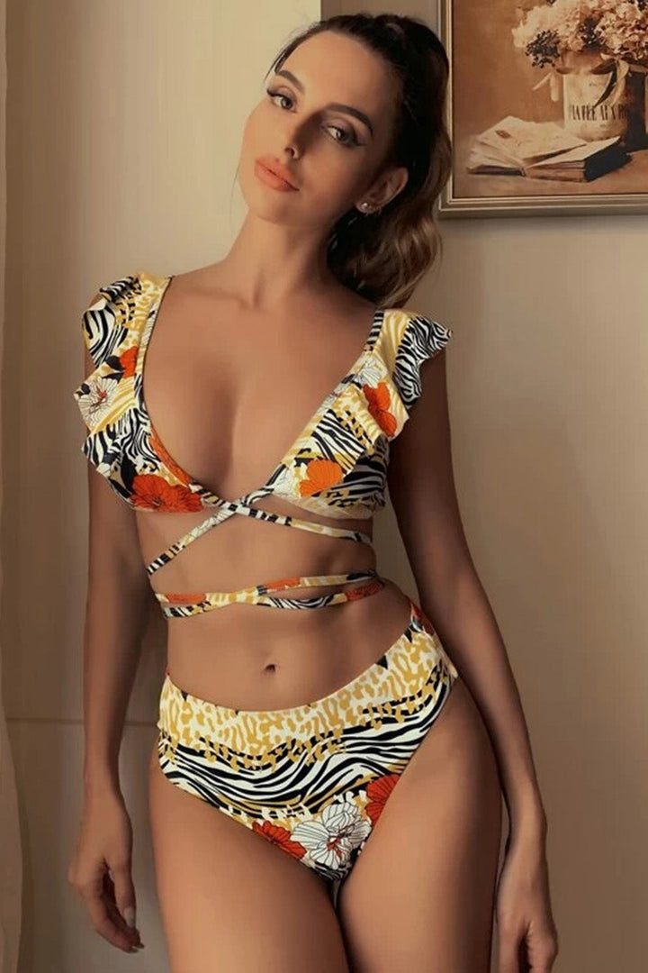 Levoire | Imprimé Bikini à volants avec ceinture Jaune