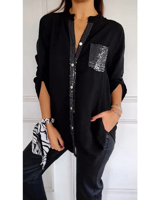 Levoire | Chemisier Féminin À Poche En Sequins Noir