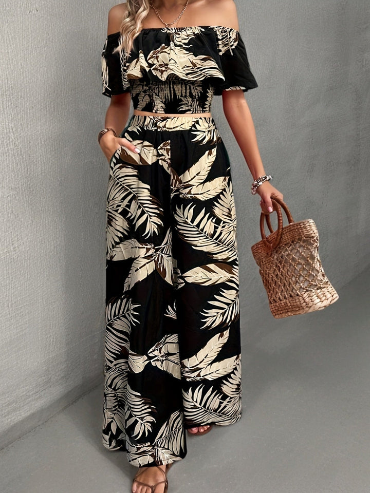 Levoire | Top Épaule Dénudée & Pantalon Large Ensemble Imprimé Tropical Noir
