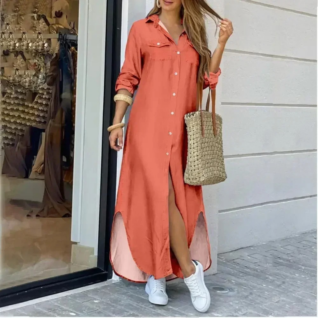 Levoire | Style Imprimé Bouton Blouse Robe Orange