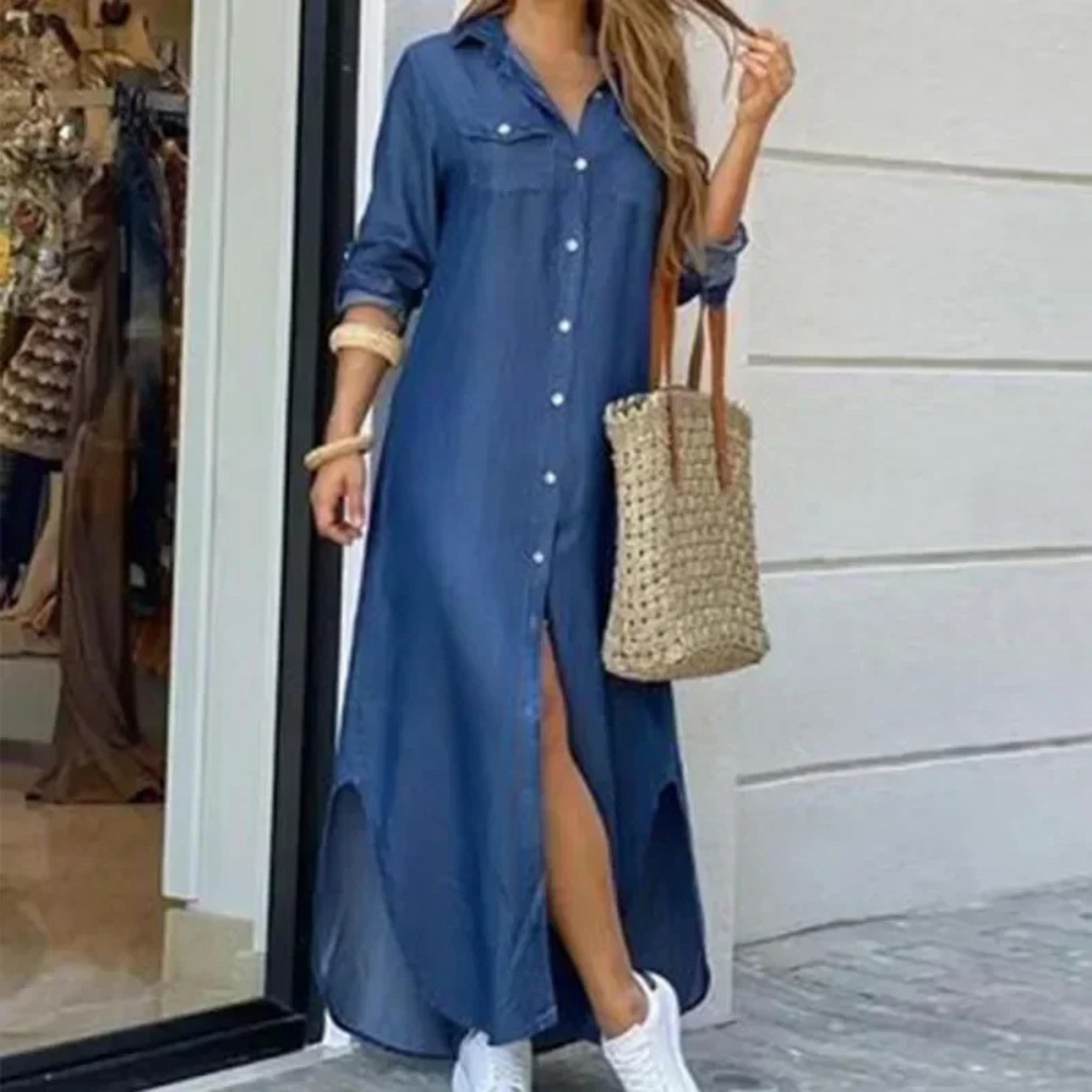 Levoire | Style Imprimé Bouton Blouse Robe Bleu