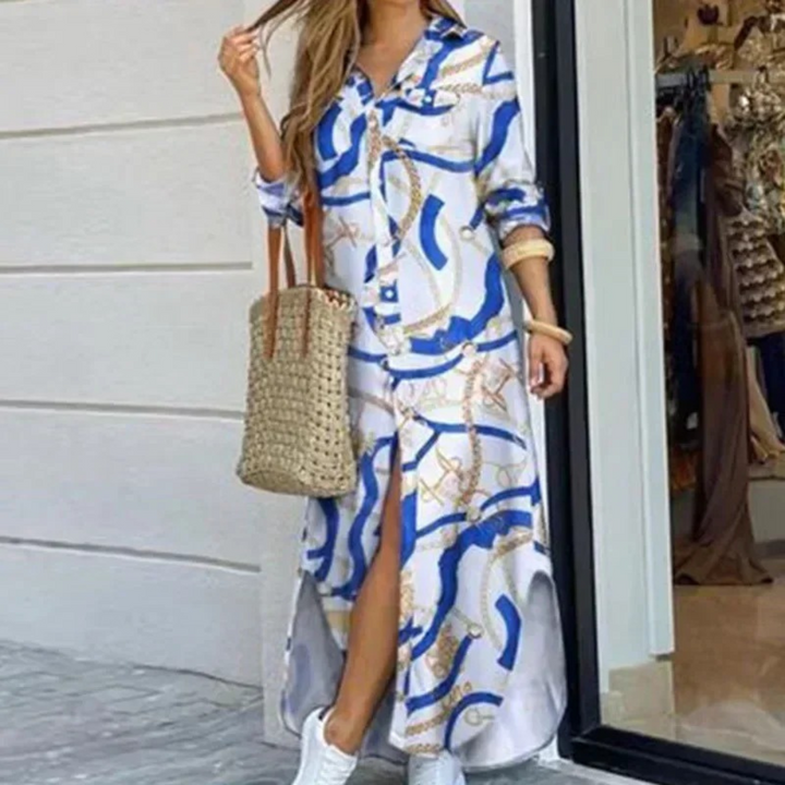 Levoire | Style Imprimé Bouton Blouse Robe Bleu-blanc