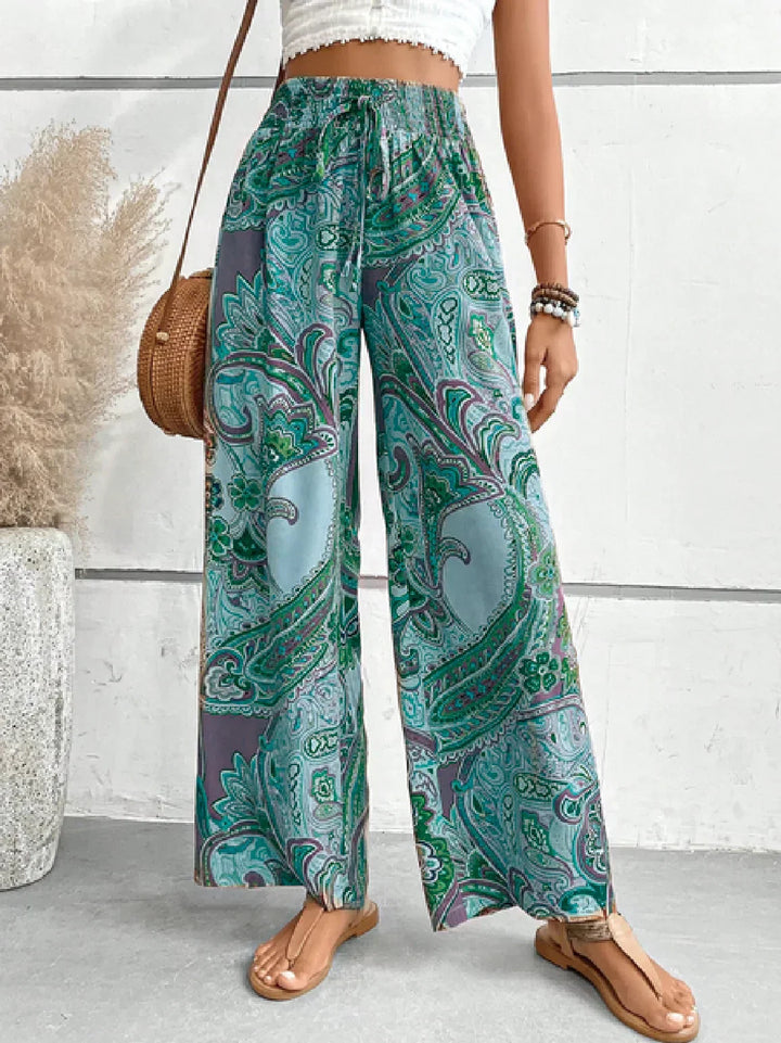 Levoire | Motif Paisley Pantalon Taille Haute Boho Pantalon Évasé Vert
