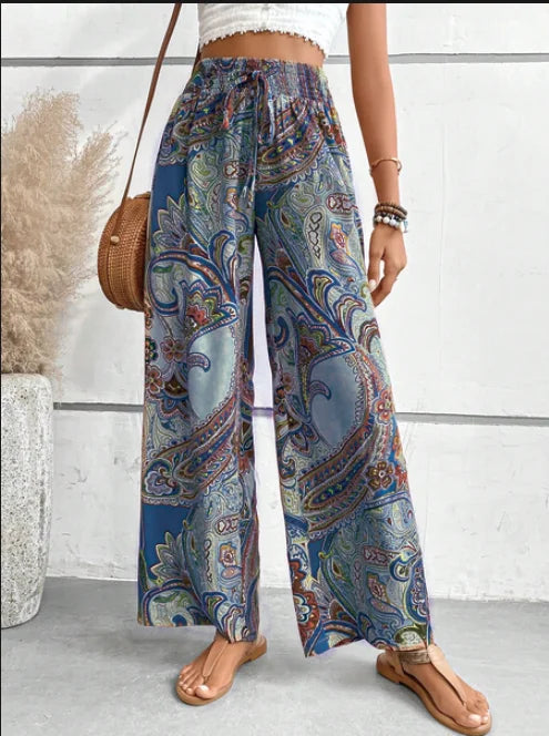 Levoire | Motif Paisley Pantalon Taille Haute Boho Pantalon Évasé Bleu