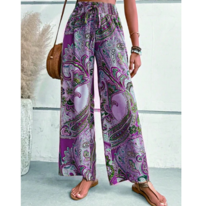 Levoire | Motif Paisley Pantalon Taille Haute Boho Pantalon Évasé Lilas