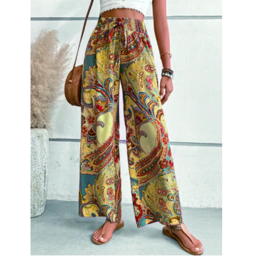 Levoire | Motif Paisley Pantalon Taille Haute Boho Pantalon Évasé Jaune