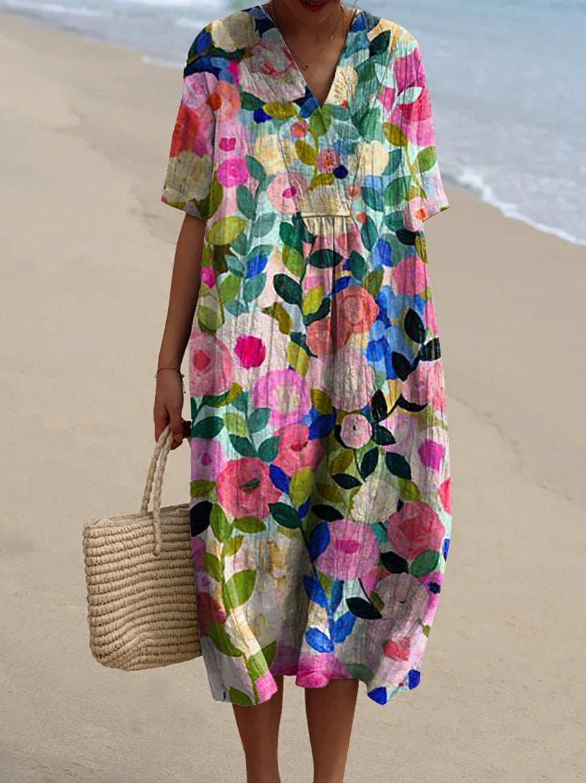 Levoire | Robe De Plage Midi Loose Fit À Manches Courtes Fleuries Jardin de fleurs