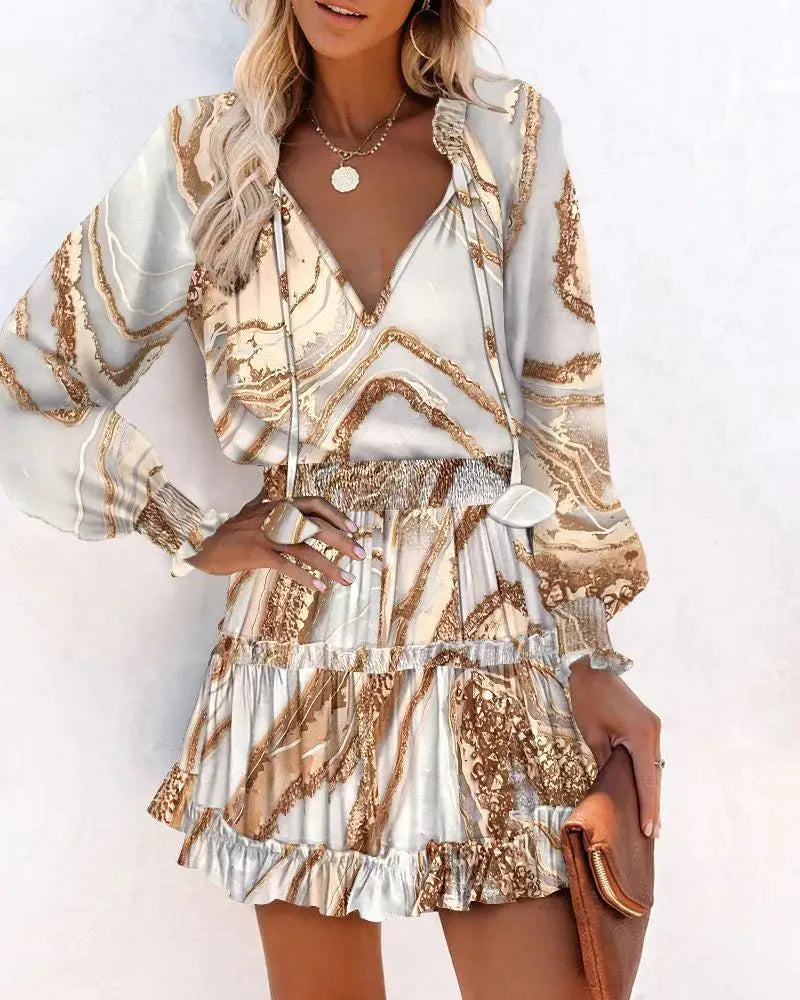 Levoire | Robe Mini À Manches Longues Avec Taille Plissée Robe De Soleil Khaki