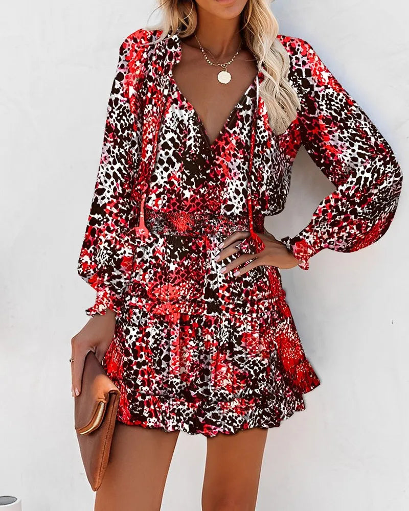 Levoire | Robe Mini À Manches Longues Avec Taille Plissée Robe De Soleil Rouge