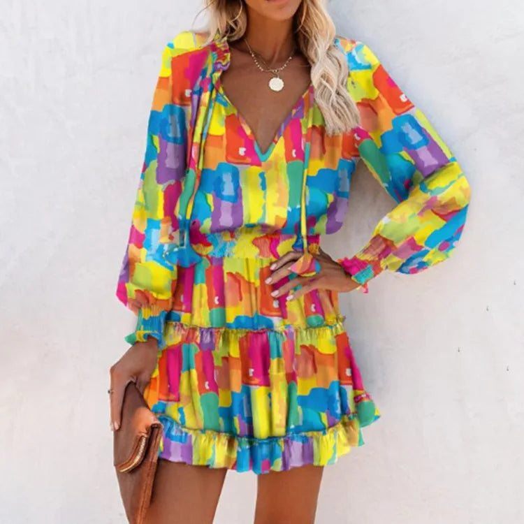 Levoire | Robe Mini À Manches Longues Avec Taille Plissée Robe De Soleil Multi