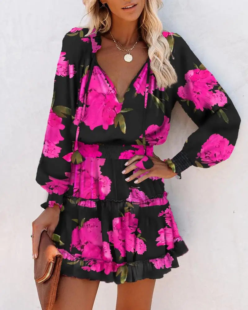 Levoire | Robe Mini À Manches Longues Avec Taille Plissée Robe De Soleil Rose