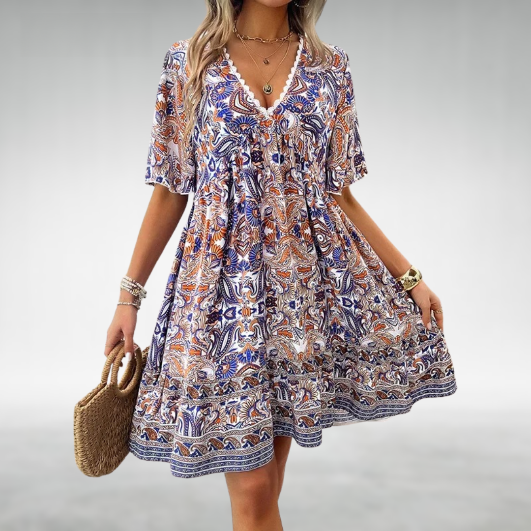Levoire | Manches Courtes Robe À Encolure En V Robe Boho Bleu