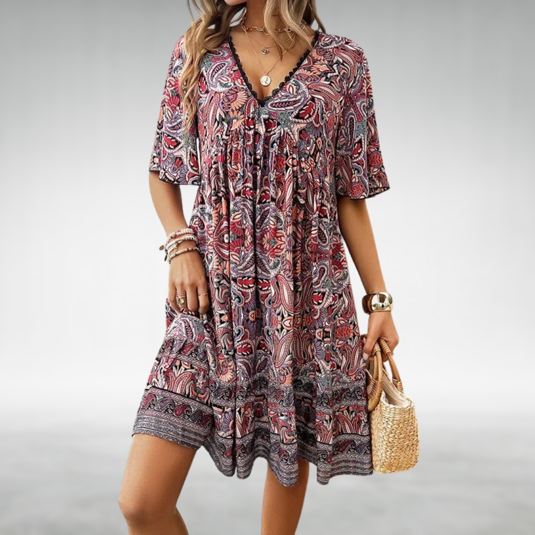 Levoire | Manches Courtes Robe À Encolure En V Robe Boho Rot