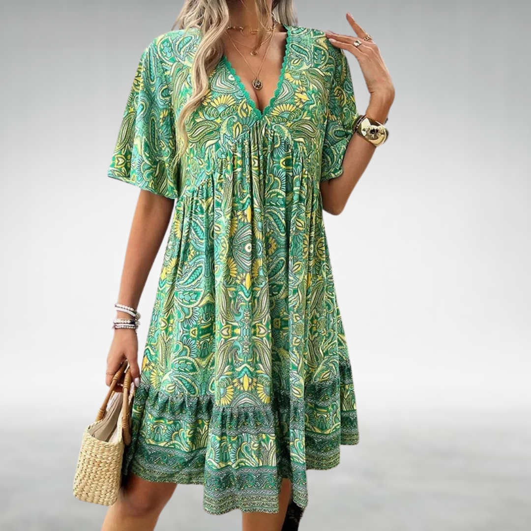 Levoire | Manches Courtes Robe À Encolure En V Robe Boho Vert