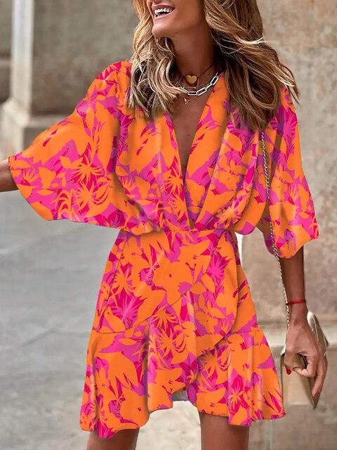 Levoire | Robe Mini À Manches Courtes Et Décolleté En V Style Boho Orange