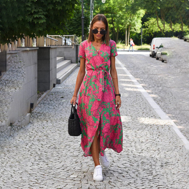 Levoire | Robe Maxi Enroulée À Manches Courtes Et Décolleté En V Rosa