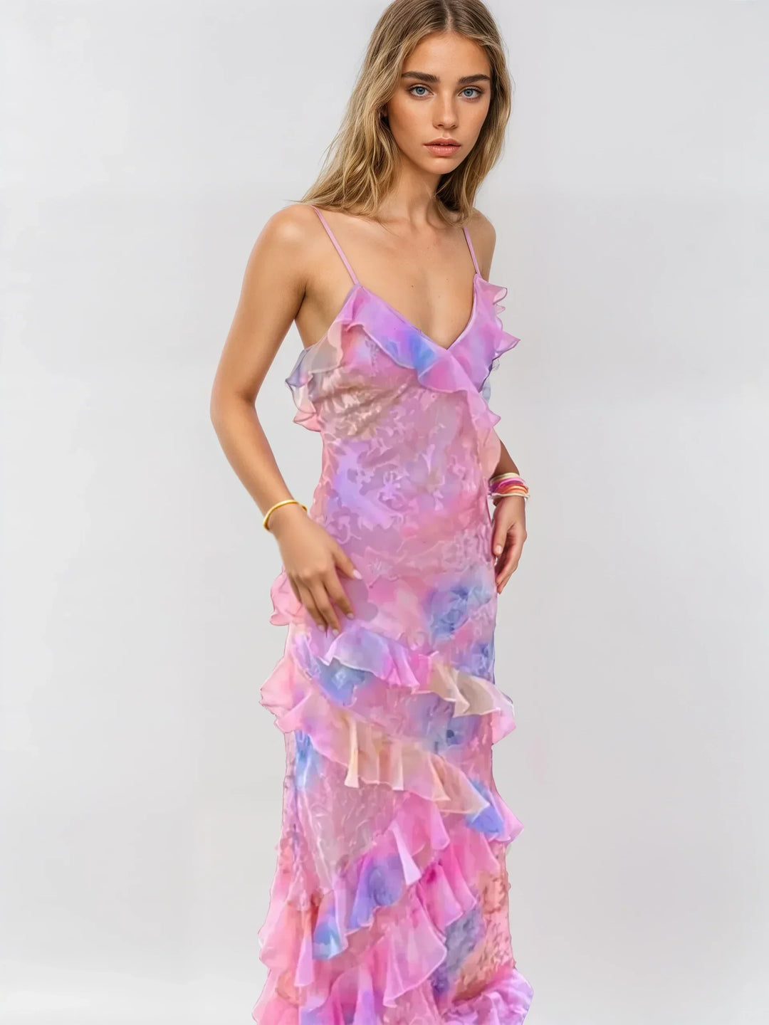 Levoire | Sans Manches Robe Dos Ouvert Avec Volants Maxi Robe Rosa