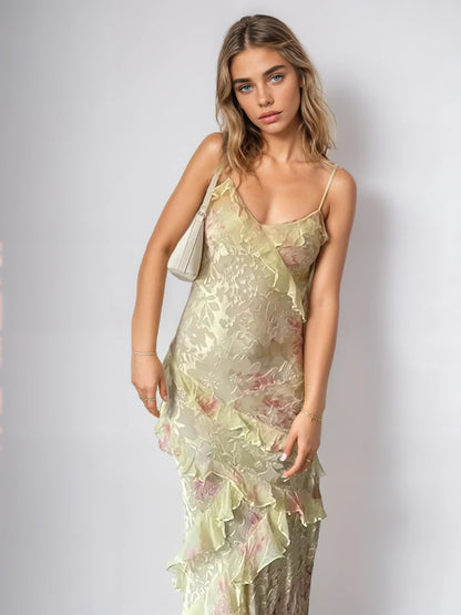 Levoire | Sans Manches Robe Dos Ouvert Avec Volants Maxi Robe Jaune