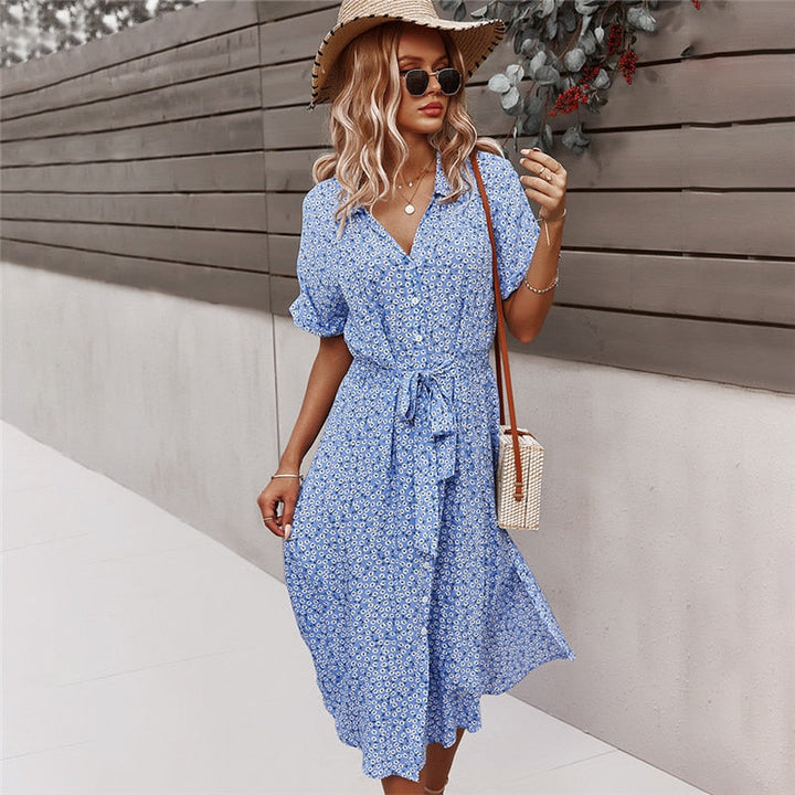 Levoire | Ceinture Taille Robe À Manches Courtes Avec Fermeture À Bouton Robe À Fleurs Bleu