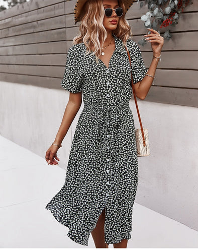 Levoire | Ceinture Taille Robe À Manches Courtes Avec Fermeture À Bouton Robe À Fleurs