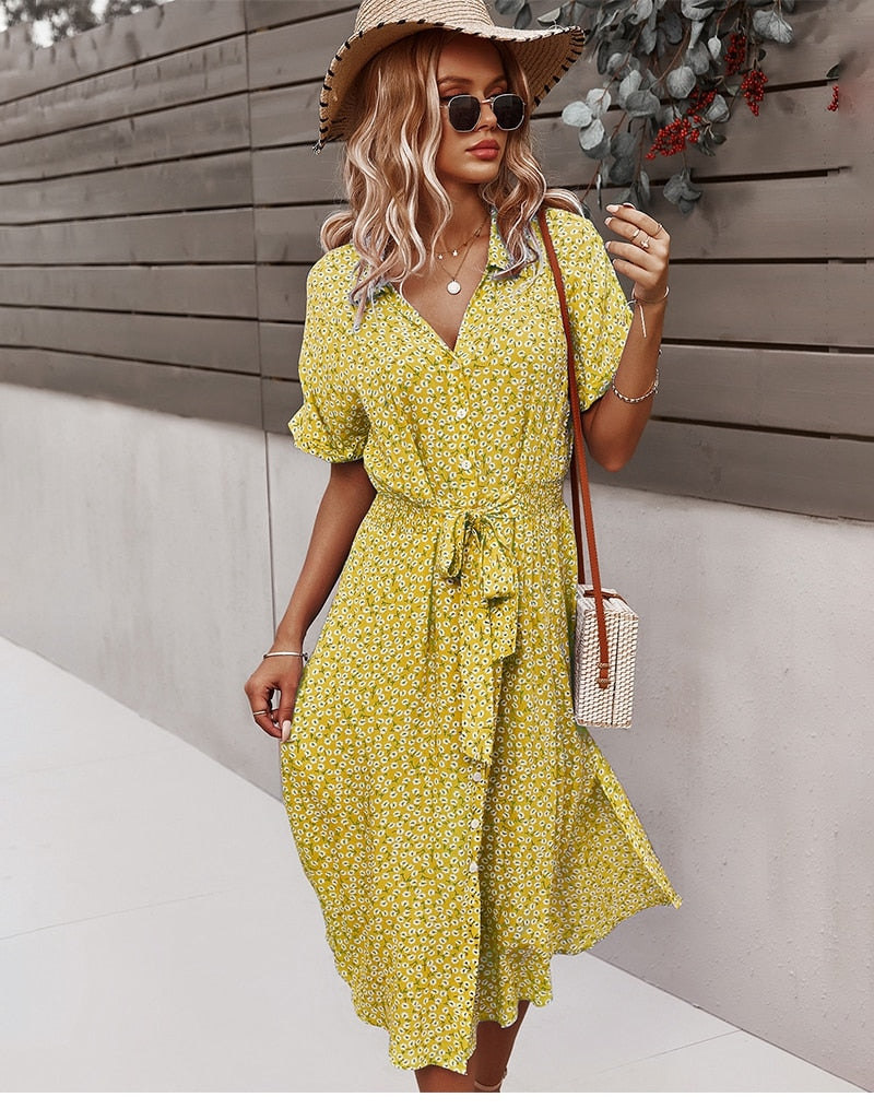 Levoire | Ceinture Taille Robe À Manches Courtes Avec Fermeture À Bouton Robe À Fleurs Jaune