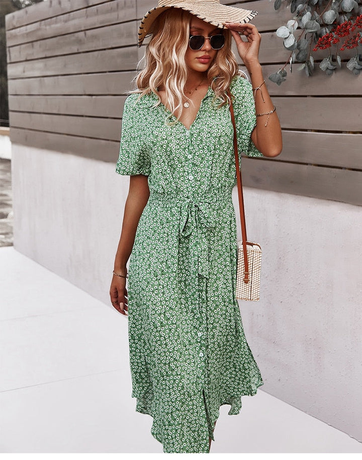 Levoire | Ceinture Taille Robe À Manches Courtes Avec Fermeture À Bouton Robe À Fleurs
