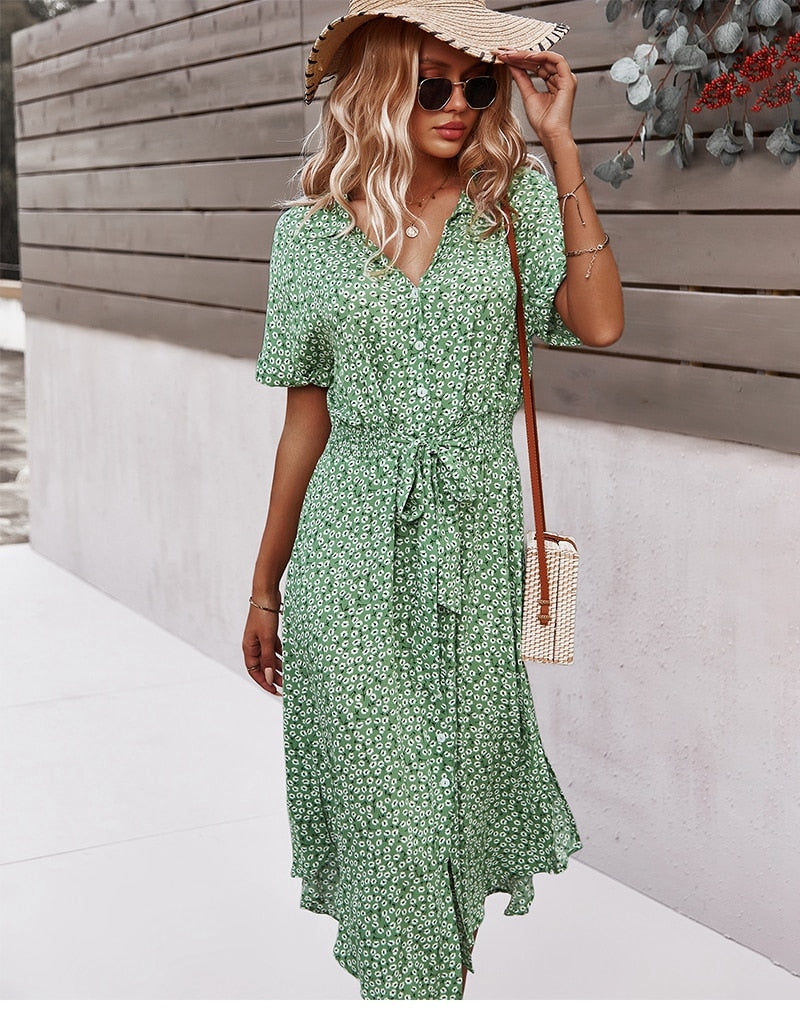 Levoire | Ceinture Taille Robe À Manches Courtes Avec Fermeture À Bouton Robe À Fleurs Vert