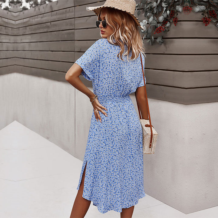 Levoire | Ceinture Taille Robe À Manches Courtes Avec Fermeture À Bouton Robe À Fleurs