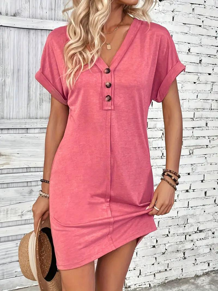 Levoire | Robe Courte À Col En V Avec Décor De Boutons Robe Décontractée Rose