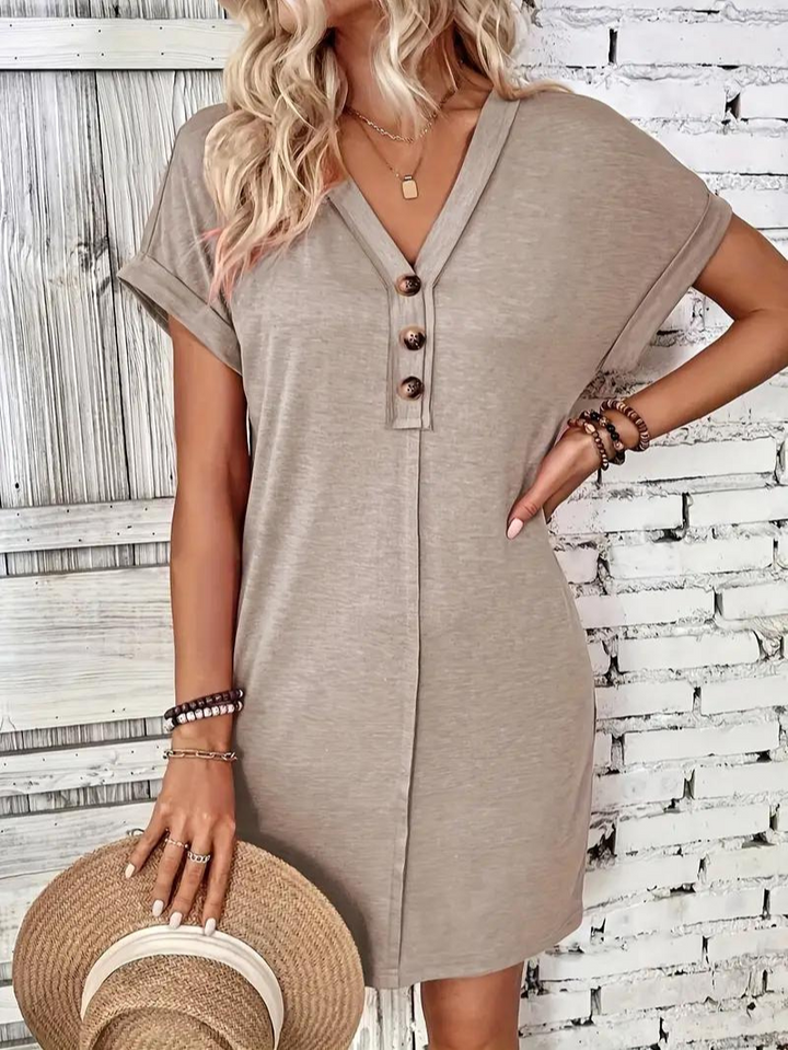 Levoire | Robe Courte À Col En V Avec Décor De Boutons Robe Décontractée Khaki