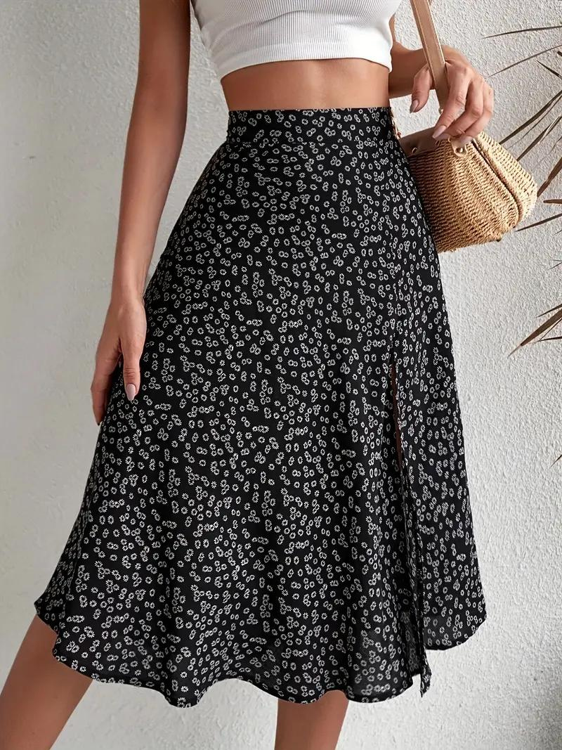 Levoire | Jupe D'Été, Jupe À Fleurs, Jupe Fendue, Jupe Midi, Jupe Taille Haute Noir