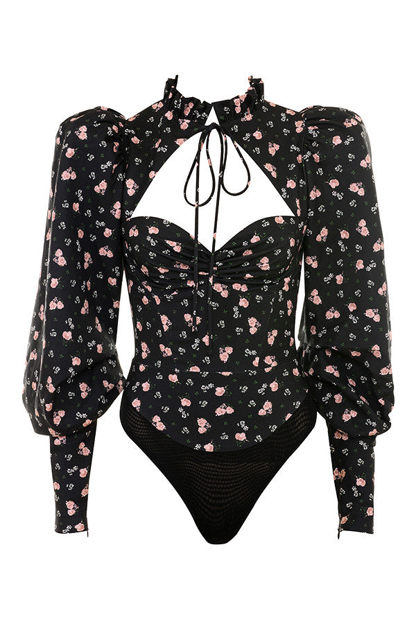 Levoire | Chemise Noire À Motif Floral Avec Découpe Et Col Montant