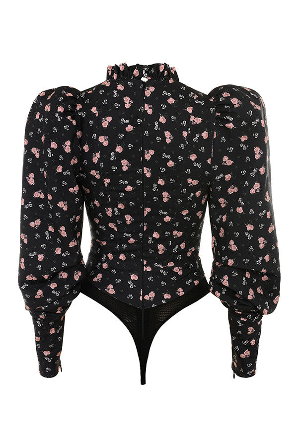Levoire | Chemise Noire À Motif Floral Avec Découpe Et Col Montant