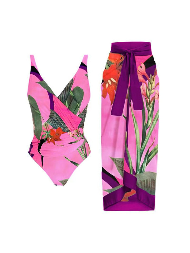 Levoire | Ensemble De Couverture Haut À Une Épaule Jupe De Couverture Maillot De Bain Mode Plage Pour Femmes Flamant rose