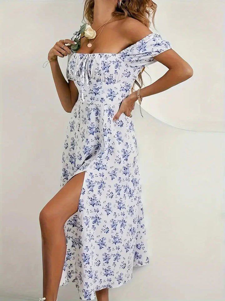 Levoire | Robe À Lignes Avec Imprimé Floral Et Manches Bouffantes Pour Le Printempsété Fleur bleue
