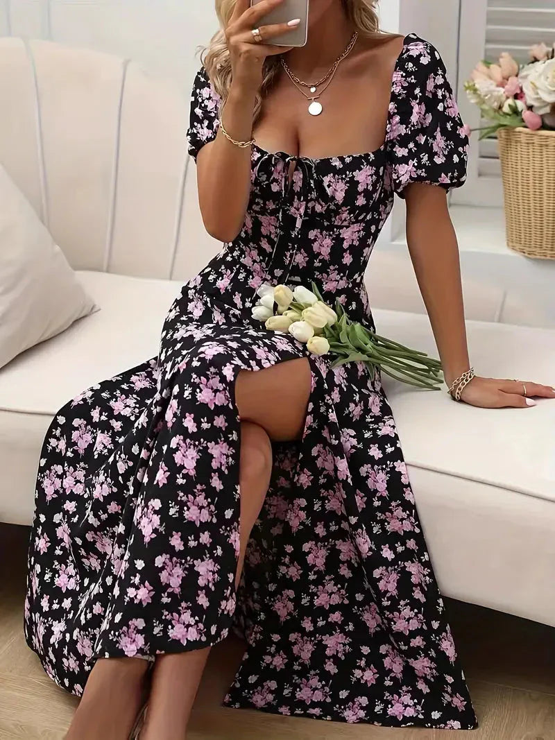 Levoire | Robe À Lignes Avec Imprimé Floral Et Manches Bouffantes Pour Le Printempsété