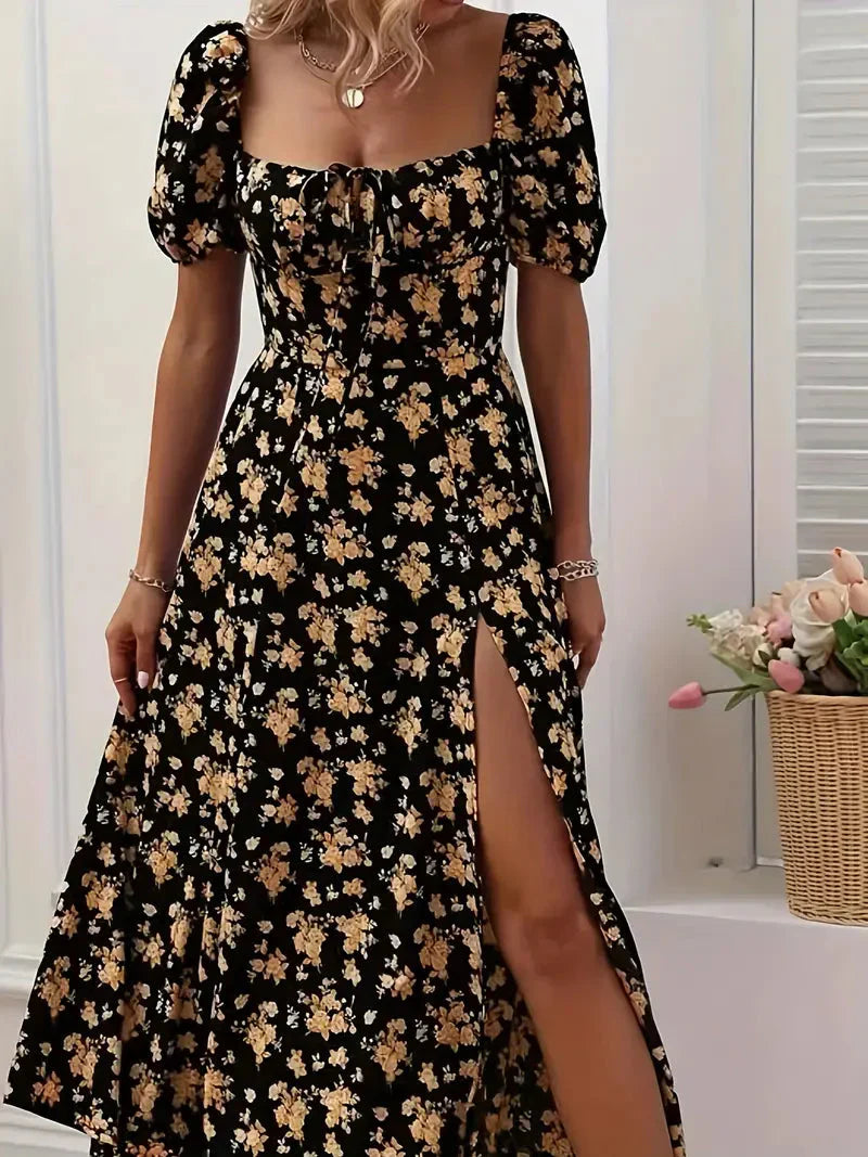 Levoire | Robe À Lignes Avec Imprimé Floral Et Manches Bouffantes Pour Le Printempsété Fleur jaune