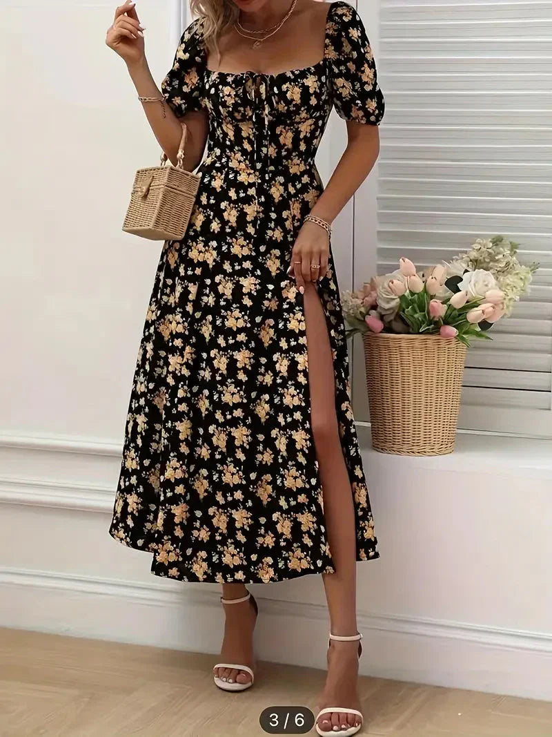 Levoire | Robe À Lignes Avec Imprimé Floral Et Manches Bouffantes Pour Le Printempsété