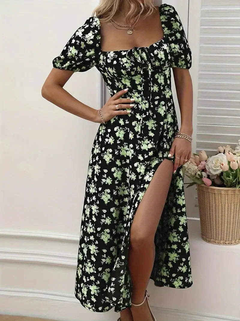 Levoire | Robe À Lignes Avec Imprimé Floral Et Manches Bouffantes Pour Le Printempsété Fleur verte