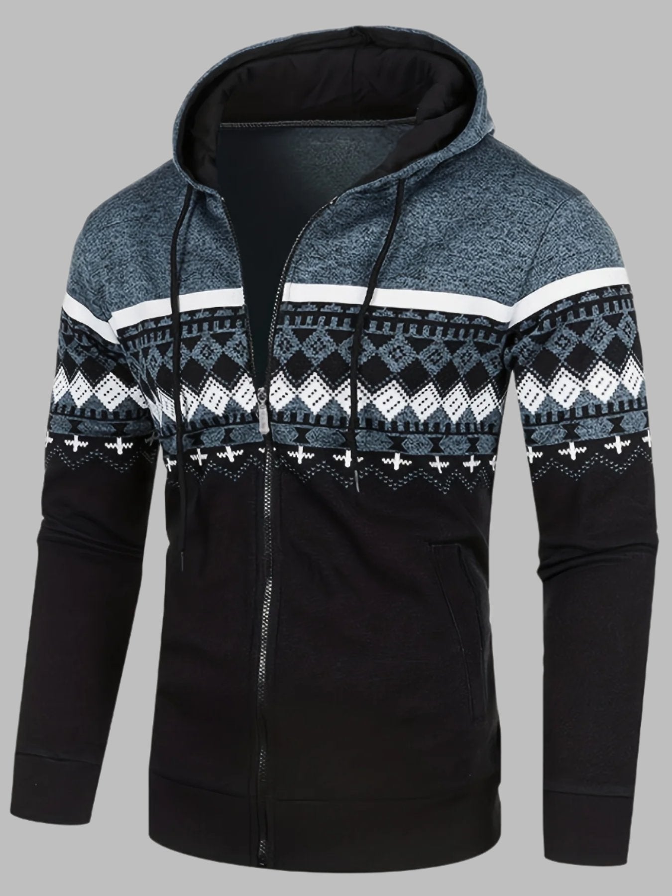 Levoire | Pull À Capuche Homme Avec Motif Norvégien Et Fermeture Éclair Bleu foncé
