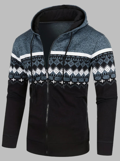 Levoire | Pull À Capuche Homme Avec Motif Norvégien Et Fermeture Éclair Bleu foncé