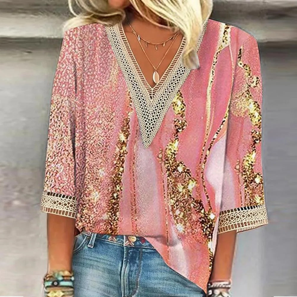 Levoire | Boho Chic V Décolleté Blouse D'Été Rosa