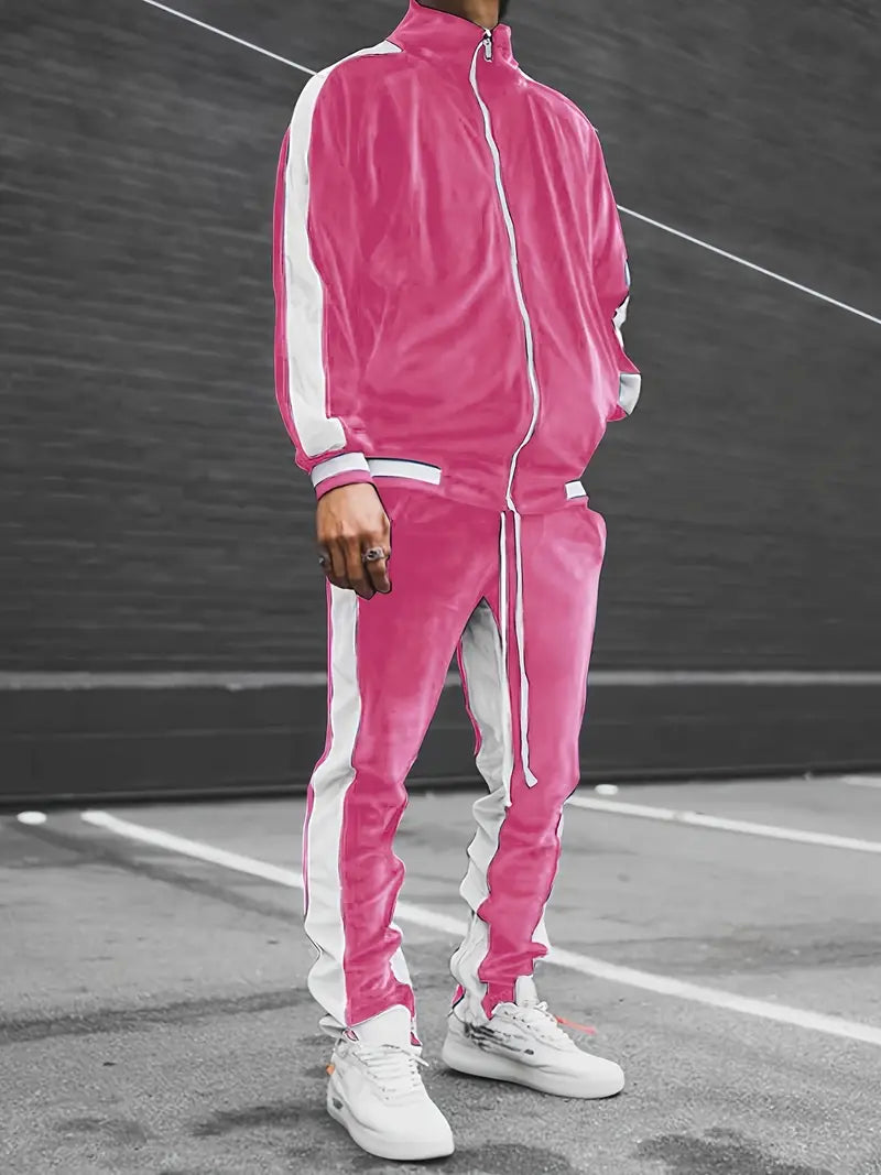 Levoire | Ensemble De Survêtement En Velours Classique Avec Fermeture Éclair Intégrale Pour Hommes Rosa