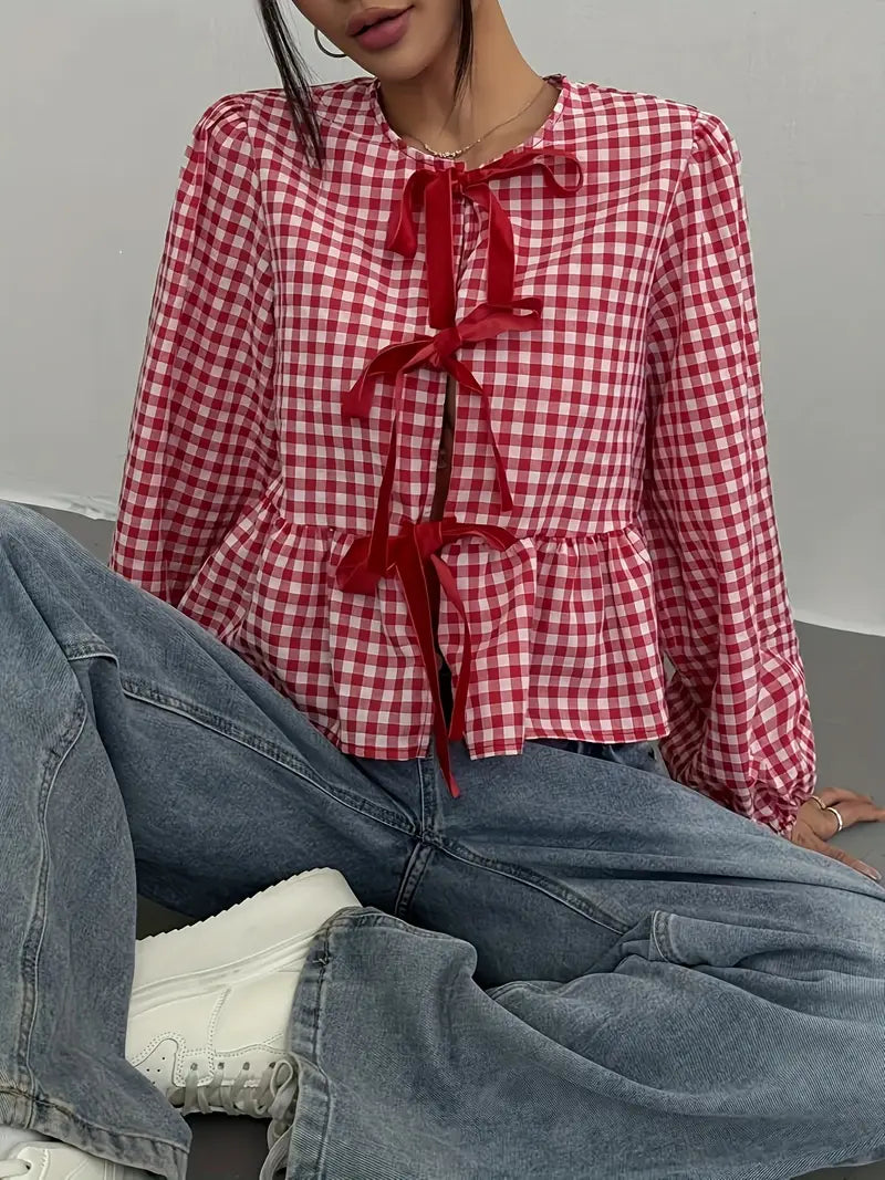 Levoire | Blouse Peplum À Carreaux Avec Ruban Pour Femmes