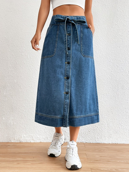 Levoire | Jupe Midi En Denim Uni Avec Ceinture À Nouer