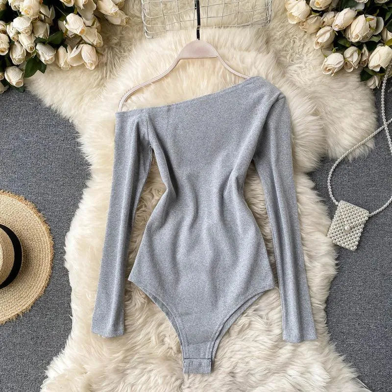 Levoire | Body à manches longues sans épaules avec motif diagonal pour femmes Helle Gris Une taille