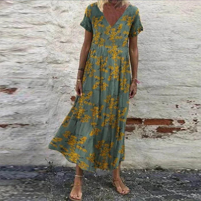 Levoire | Robe à fleurs Élégance Estivale en Coton et Rayonne Verte et Jaune