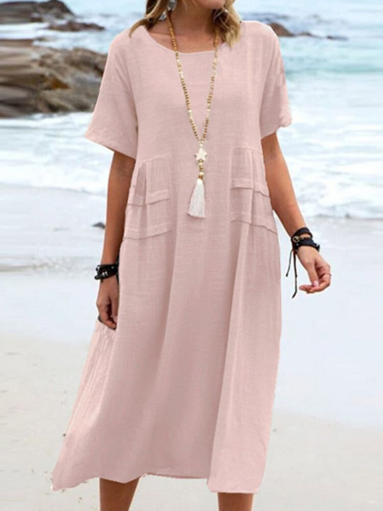 Levoire | Robe En Coton Lin Unie Décontractée Rosa